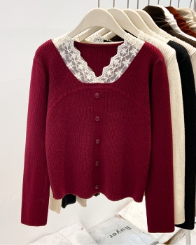 Slim V-neck tops lace autumn and winter bottoming shirt