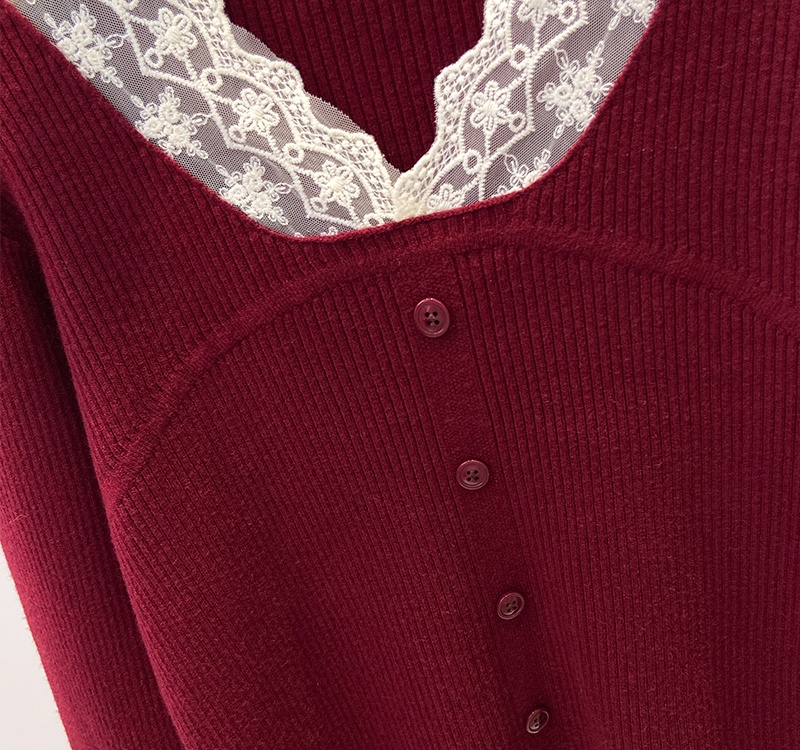 Slim V-neck tops lace autumn and winter bottoming shirt