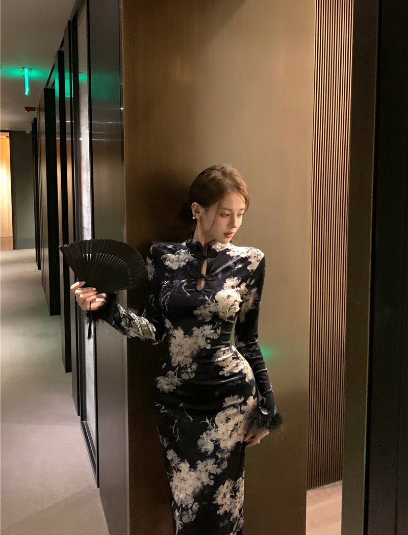 Long sleeve elegant autumn cheongsam retro long dress