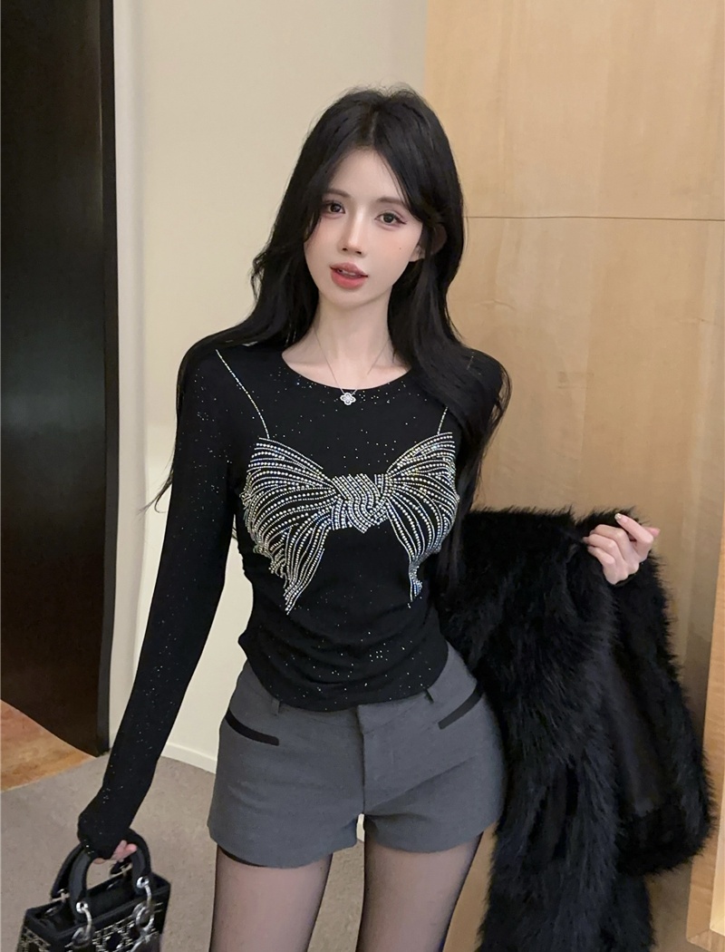 Rhinestone black T-shirt slim tops for women