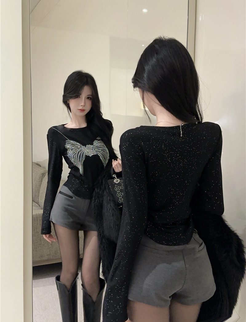 Rhinestone black T-shirt slim tops for women