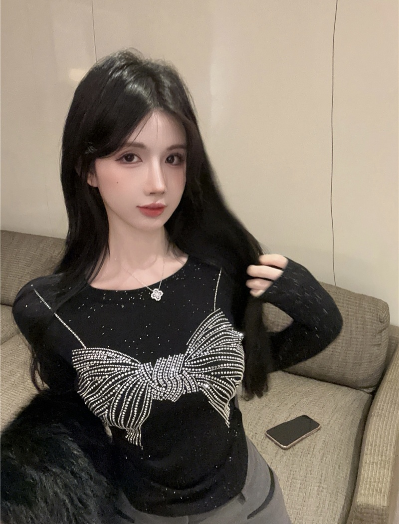 Rhinestone black T-shirt slim tops for women