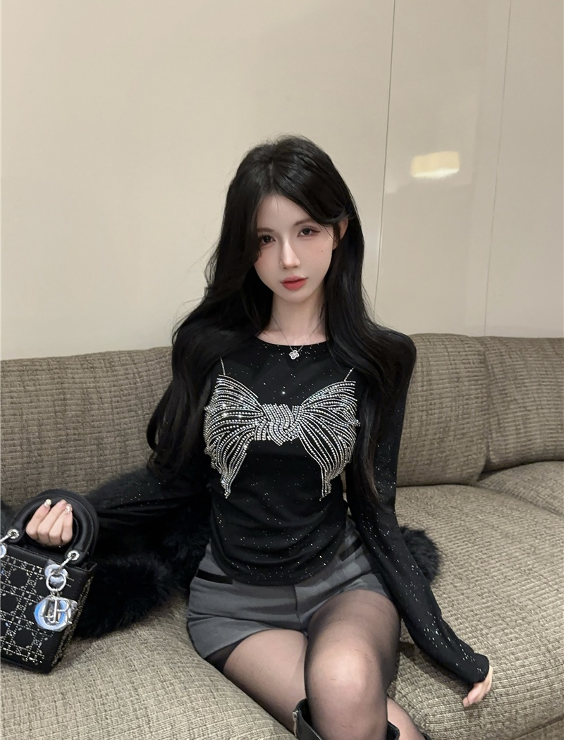 Rhinestone black T-shirt slim tops for women