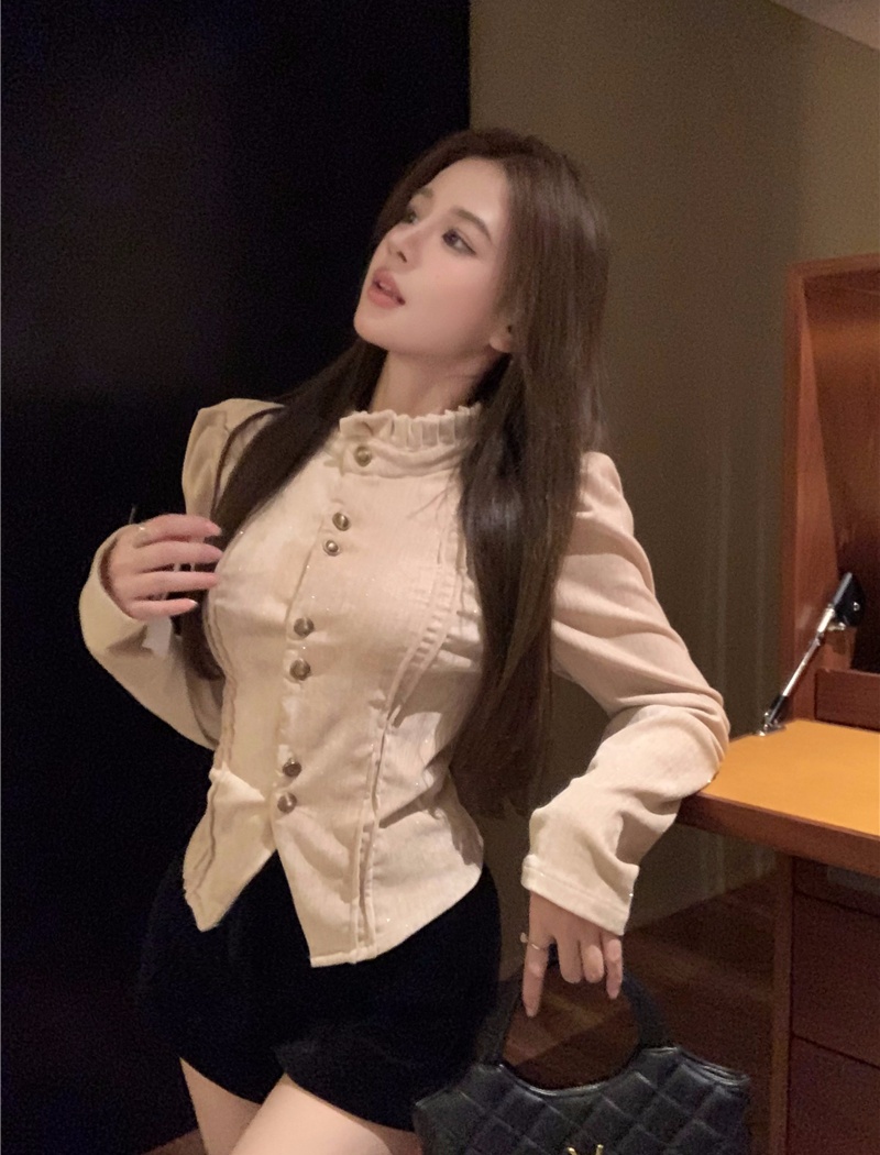 Autumn Western style wood ear shirt sweet single-breasted tops