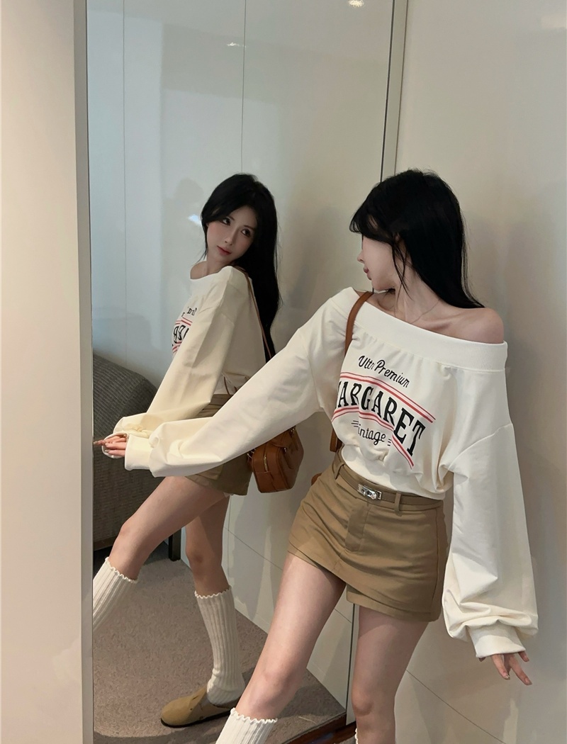 White loose hoodie flat shoulder tops for women