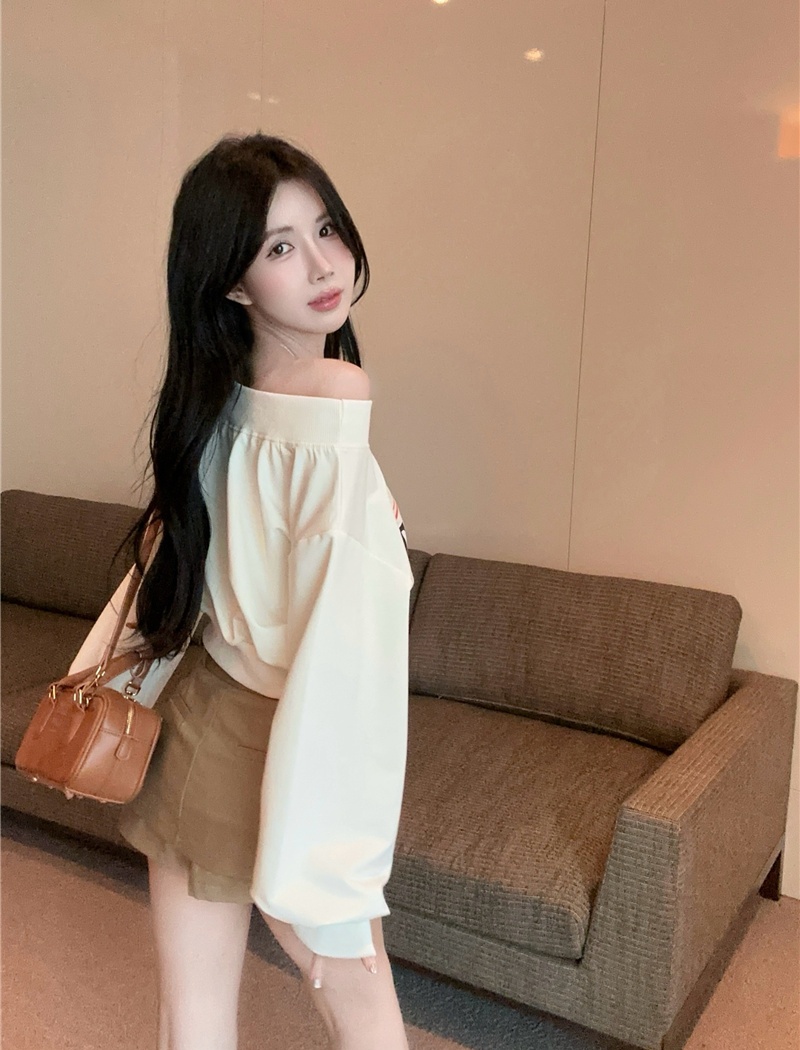 White loose hoodie flat shoulder tops for women