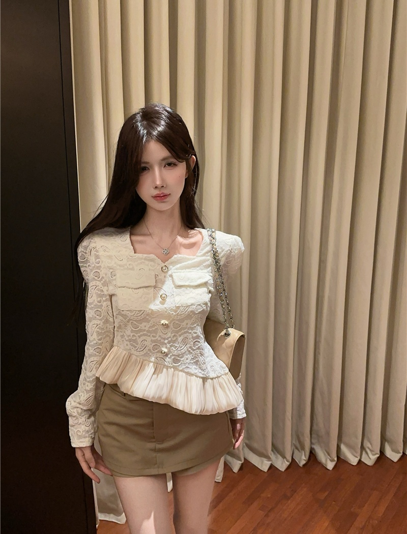 Western style unique slim autumn lace shirt