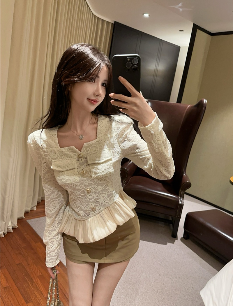 Western style unique slim autumn lace shirt