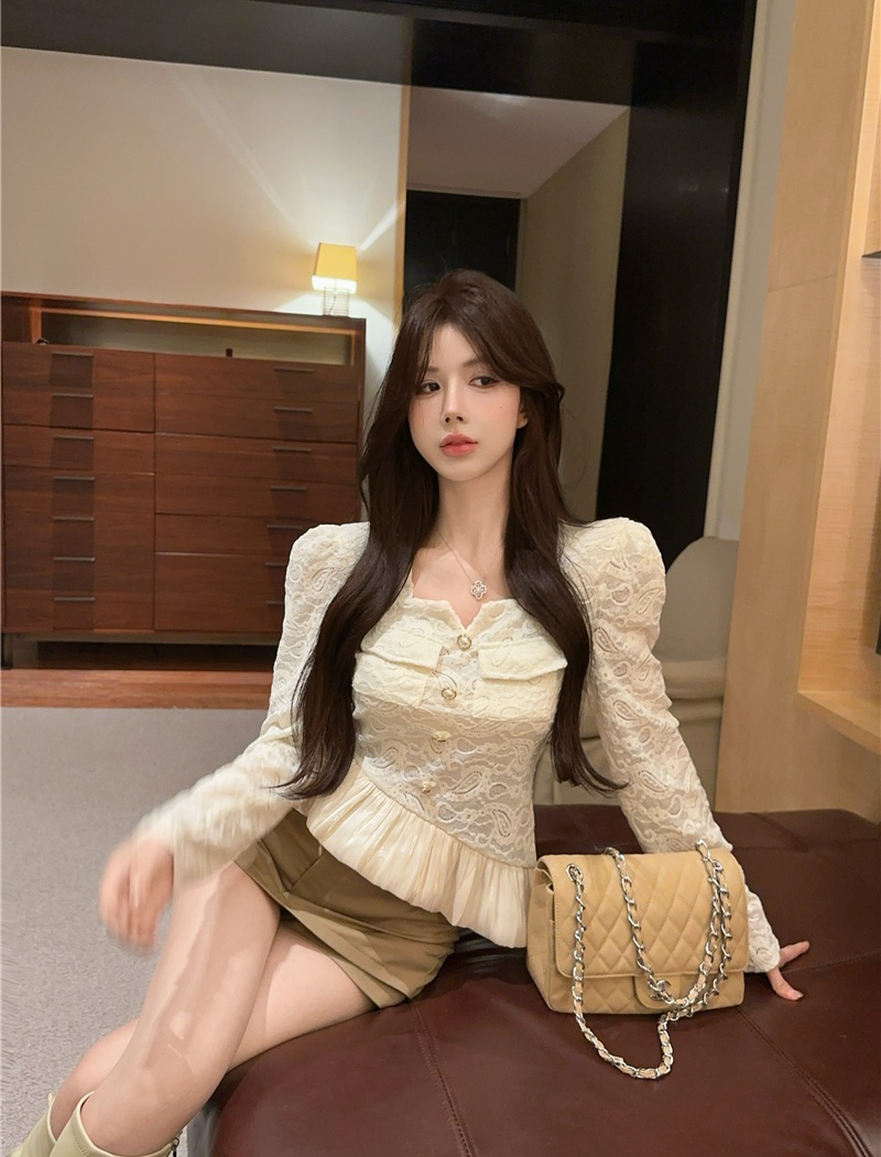 Western style unique slim autumn lace shirt