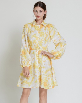 Printing shirt collar lantern sleeve dress