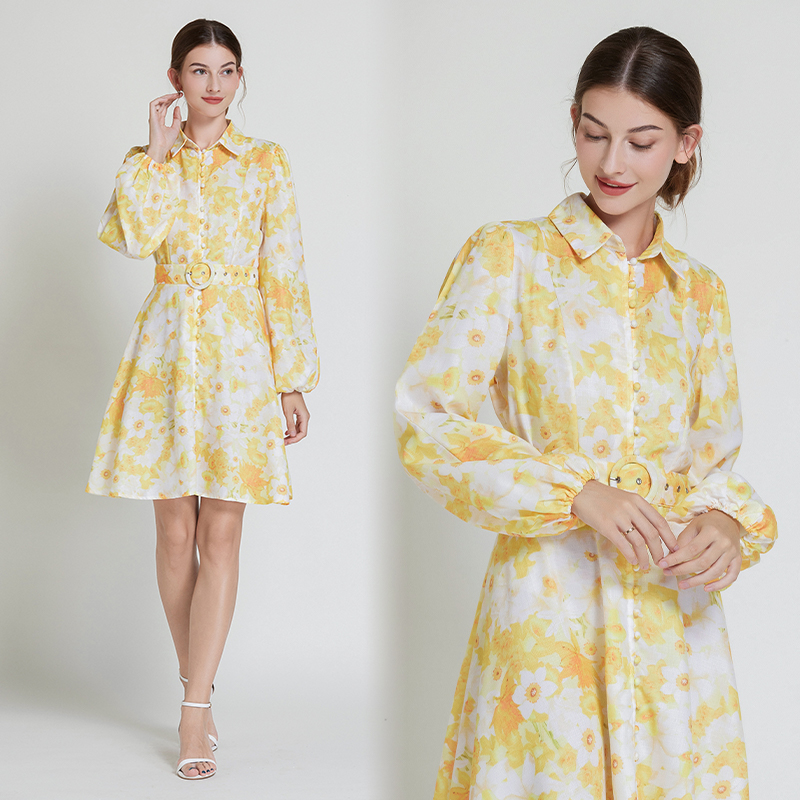 Printing shirt collar lantern sleeve dress