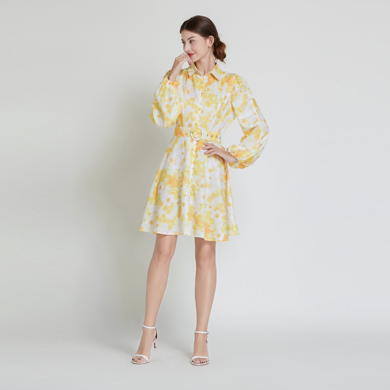 Printing shirt collar lantern sleeve dress