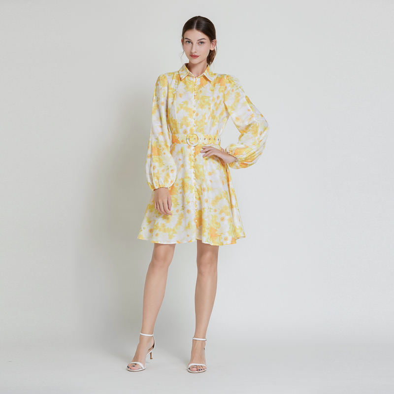 Printing shirt collar lantern sleeve dress