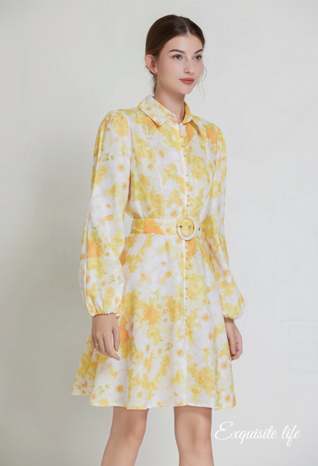 Printing shirt collar lantern sleeve dress