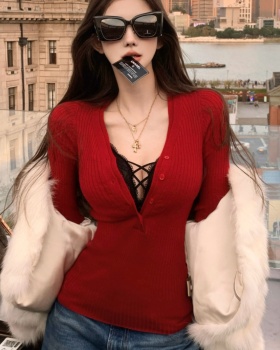 Knitted bottoming shirt V-neck tops for women