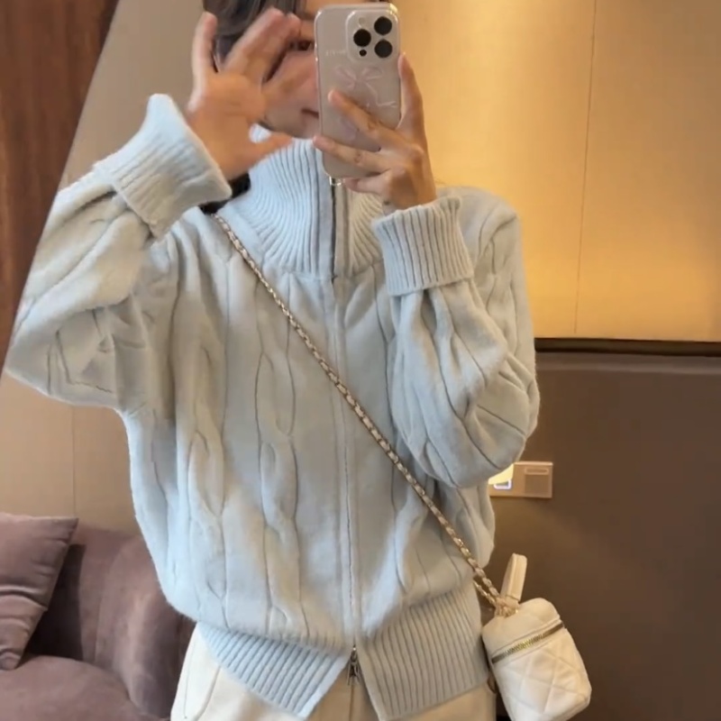 Double zip loose tops short sweater for women