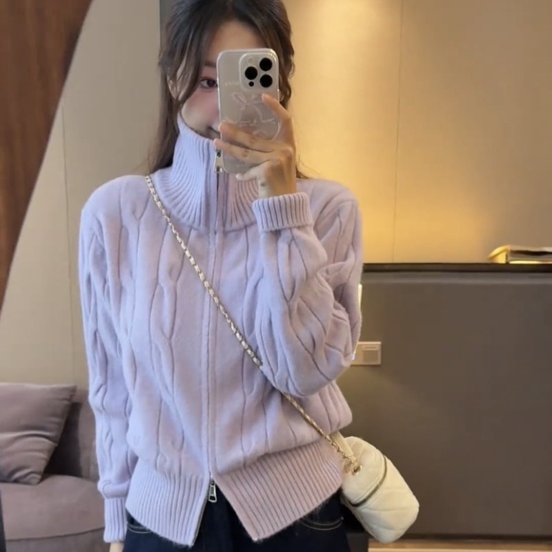 Double zip loose tops short sweater for women