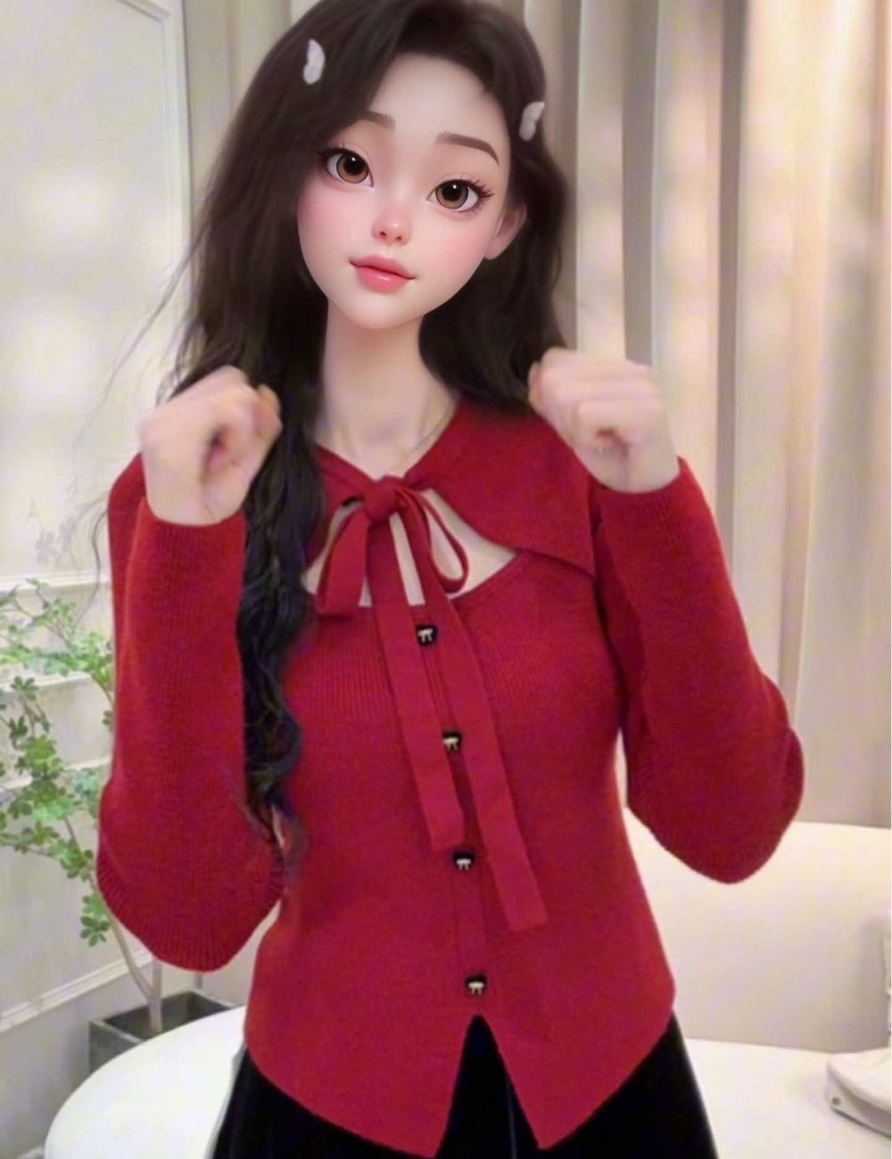 Pseudo-two red bow chanelstyle autumn and winter sweater