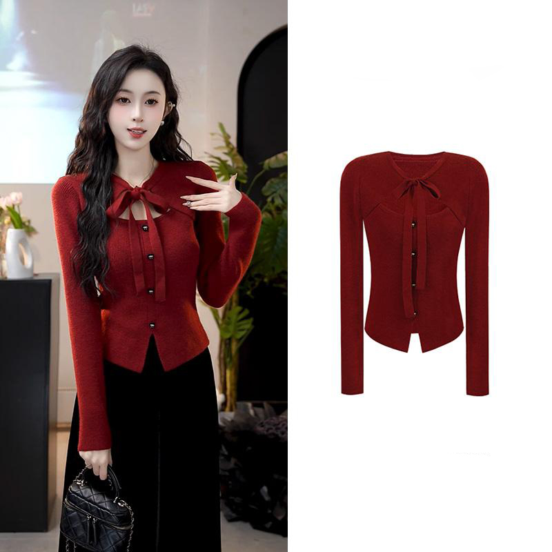 Pseudo-two red bow chanelstyle autumn and winter sweater