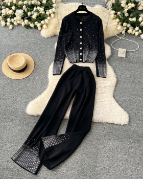 Knitted cardigan starry wide leg pants 2pcs set for women