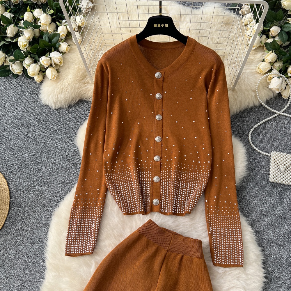 Knitted cardigan starry wide leg pants 2pcs set for women