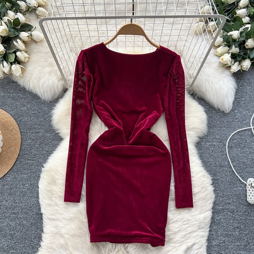 Golden velvet long sleeve dress V-neck T-back for women