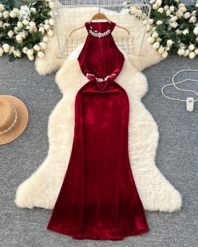 Golden velvet sleeveless dress halter formal dress