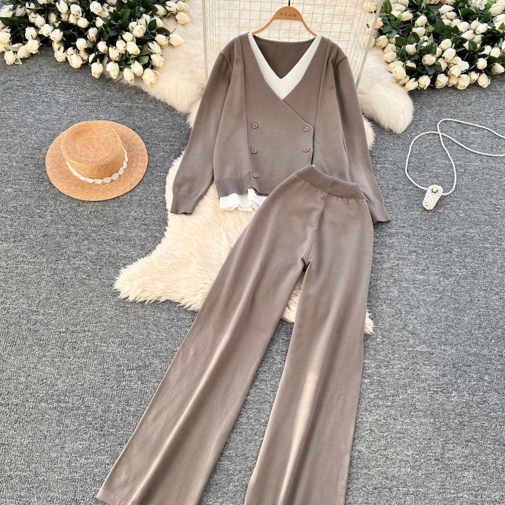 Wide leg long pants lazy sweater a set