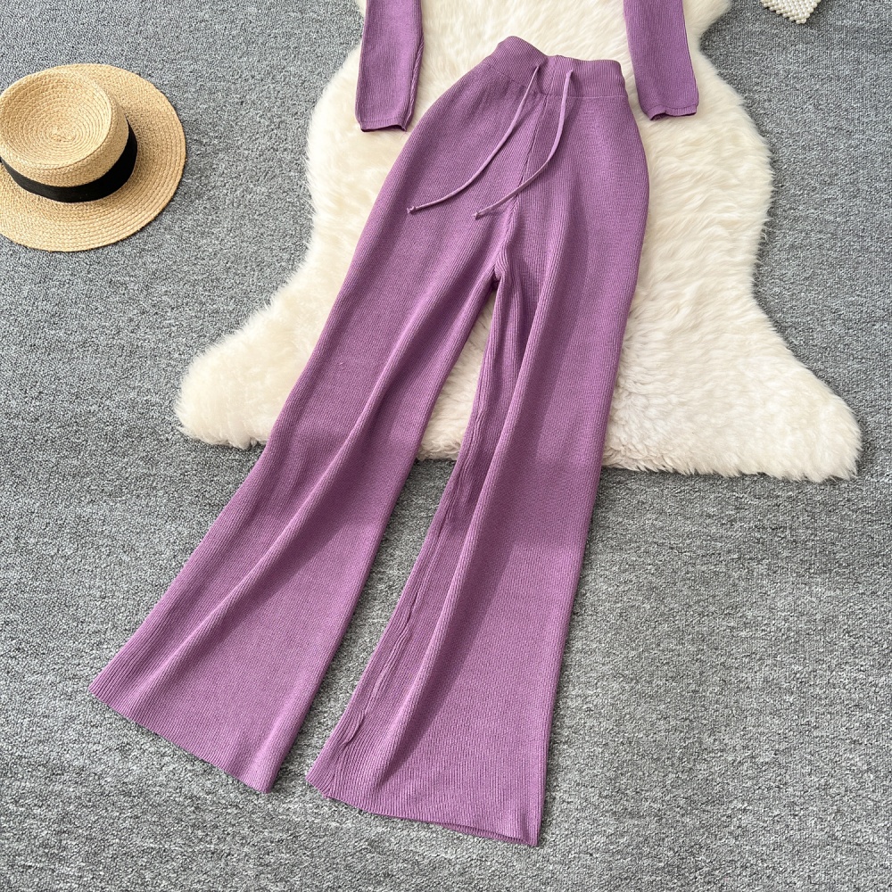 High waist long pants retro sweater a set for women