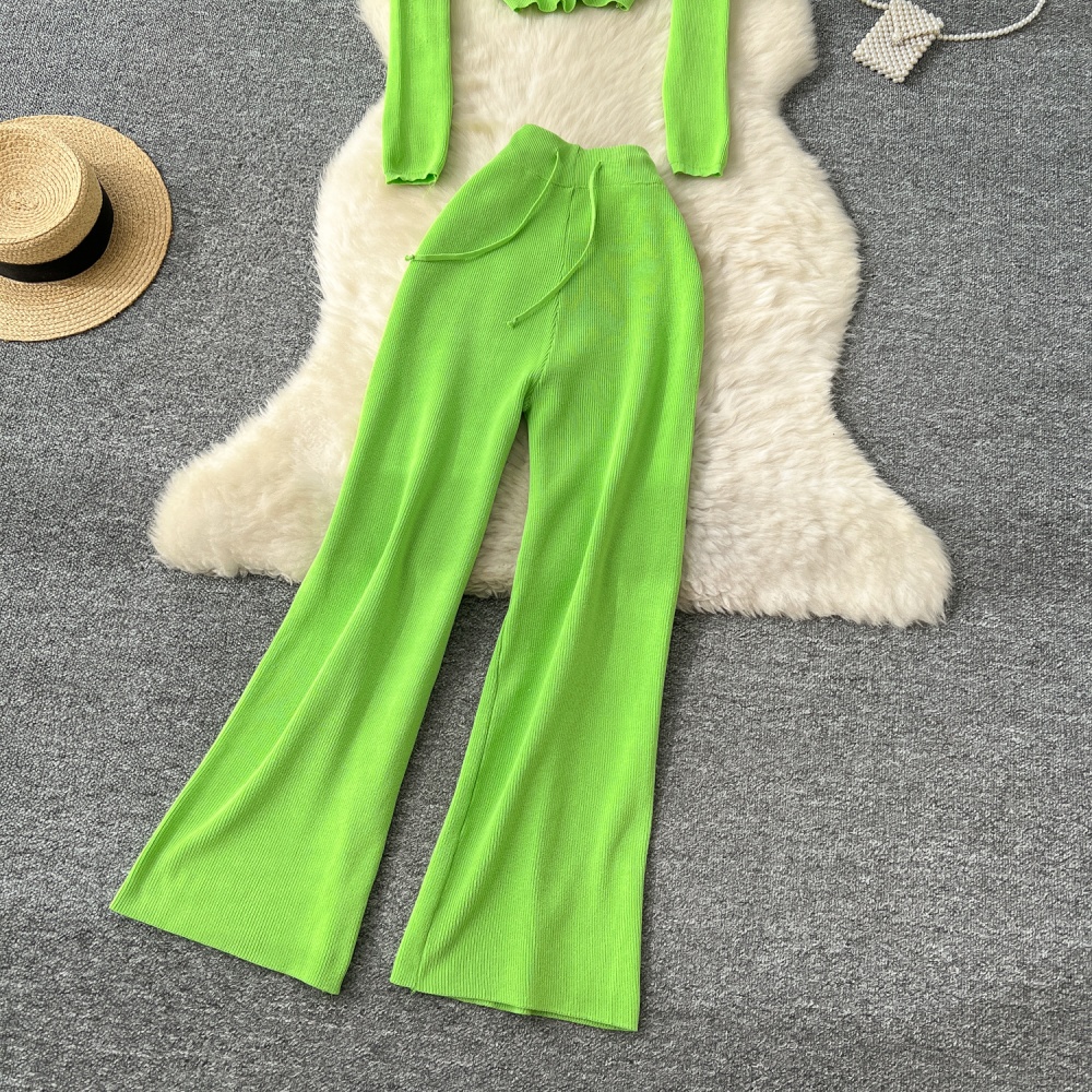 High waist long pants retro sweater a set for women