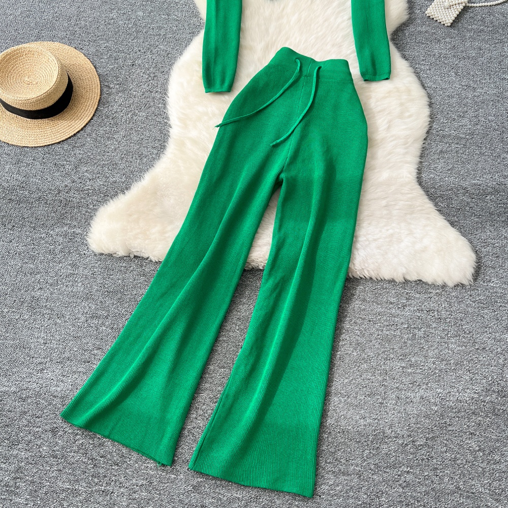 High waist long pants retro sweater a set for women