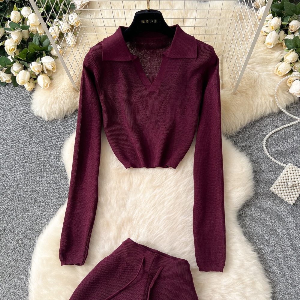 High waist long pants retro sweater a set for women