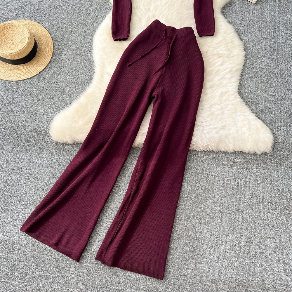 High waist long pants retro sweater a set for women