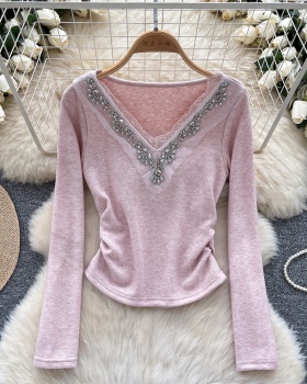 Rhinestone ladies winter tops long sleeve slim T-shirt