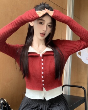 Long sleeve Pseudo-two V-neck sweater mixed colors slim tops