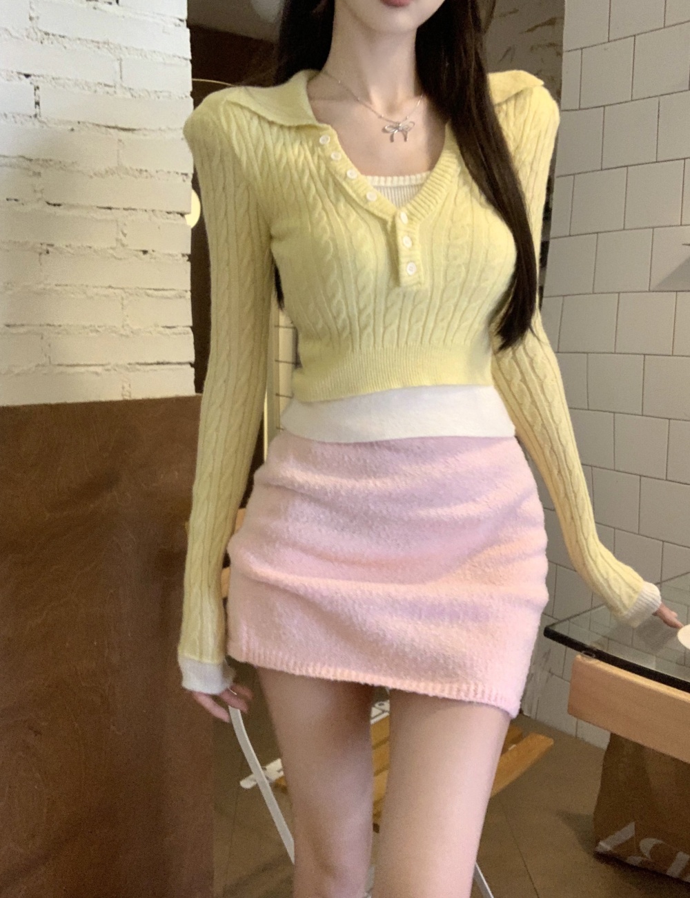 Pseudo-two winter tops mixed colors long sleeve sweater