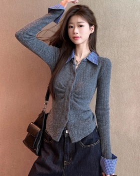 Crimp slim Pseudo-two knitted gray bottoming shirt