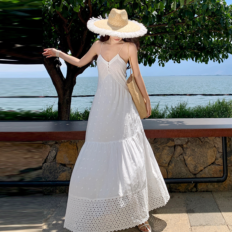 Adjustable lady pure cotton embroidery white dress