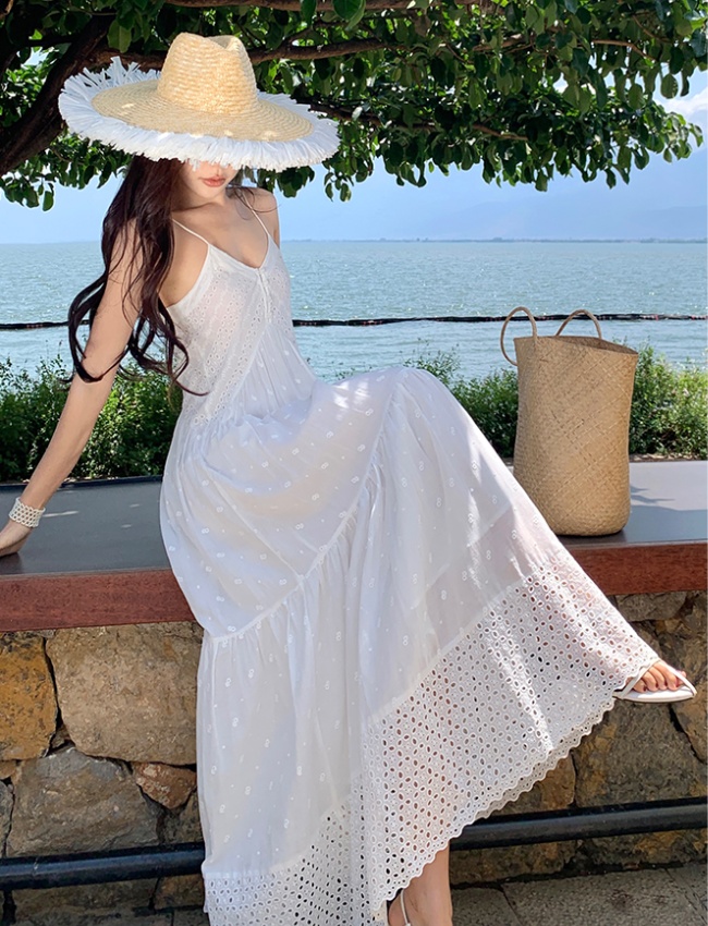 Adjustable lady pure cotton embroidery white dress