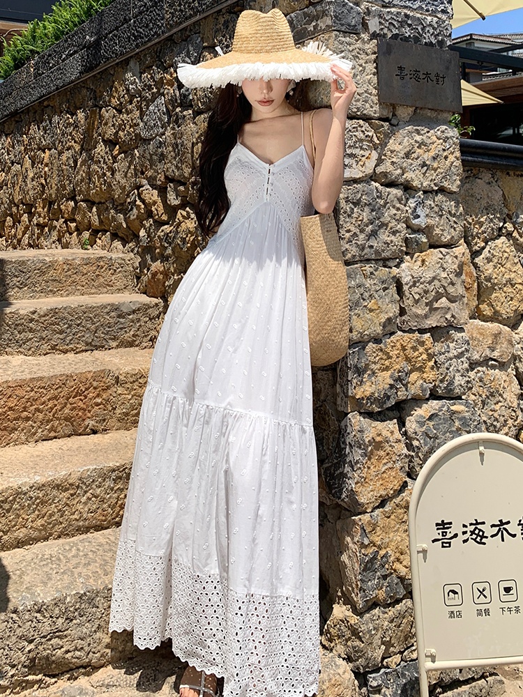 Adjustable lady pure cotton embroidery white dress