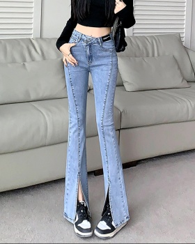 Oblique buckle spicegirl flare pants elasticity jeans for women