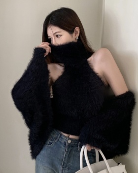 Niche fluffy cardigan sexy sweater 2pcs set