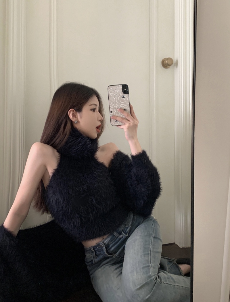 Niche fluffy cardigan sexy sweater 2pcs set