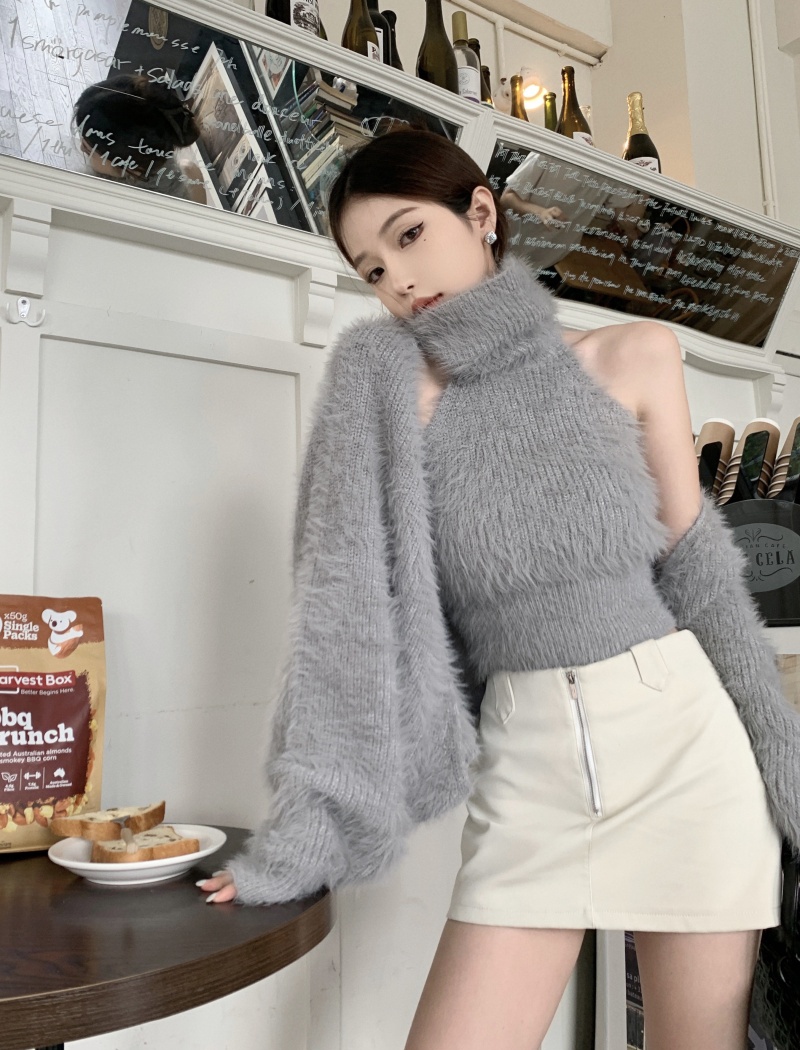 Niche fluffy cardigan sexy sweater 2pcs set