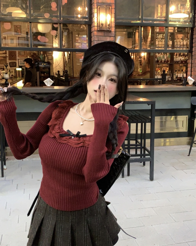 Autumn and winter bottoming inside the ride bow lace sweater