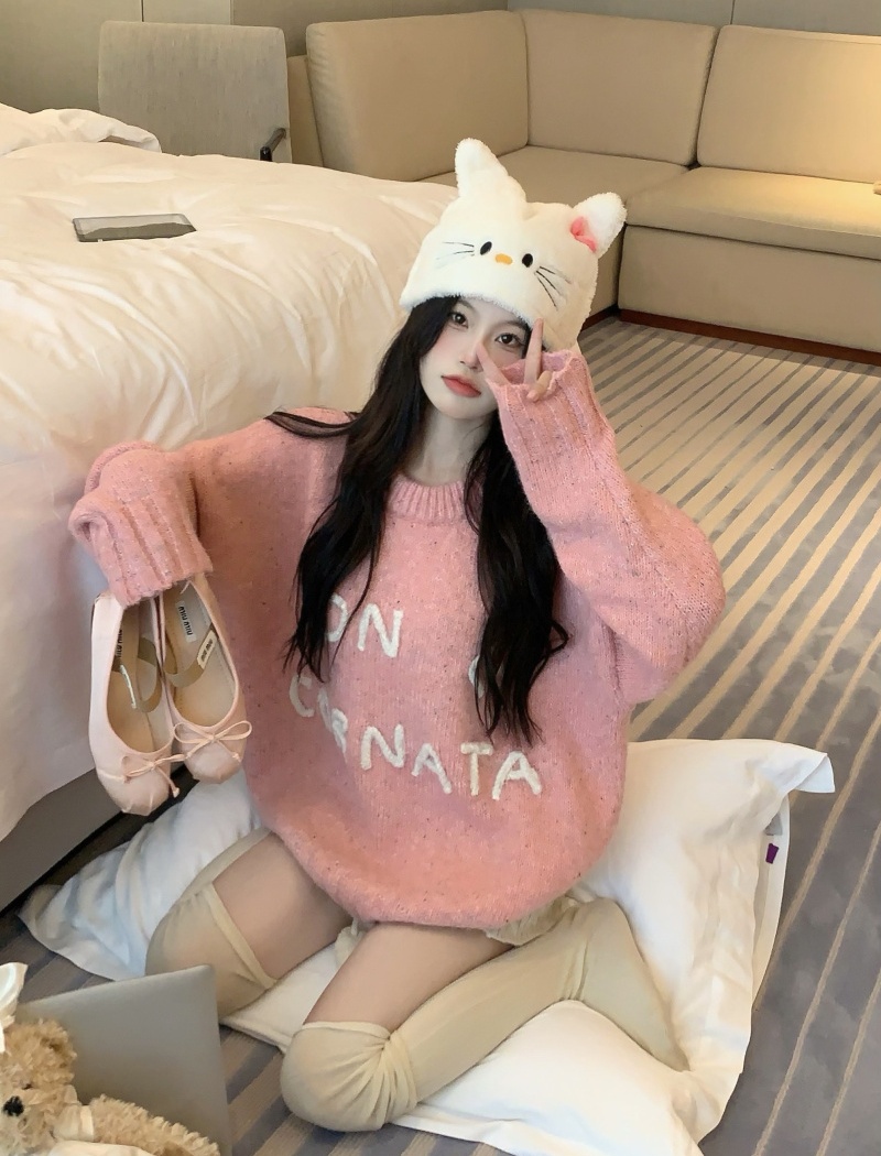 Knitted loose lazy pullover long sleeve pink sweater