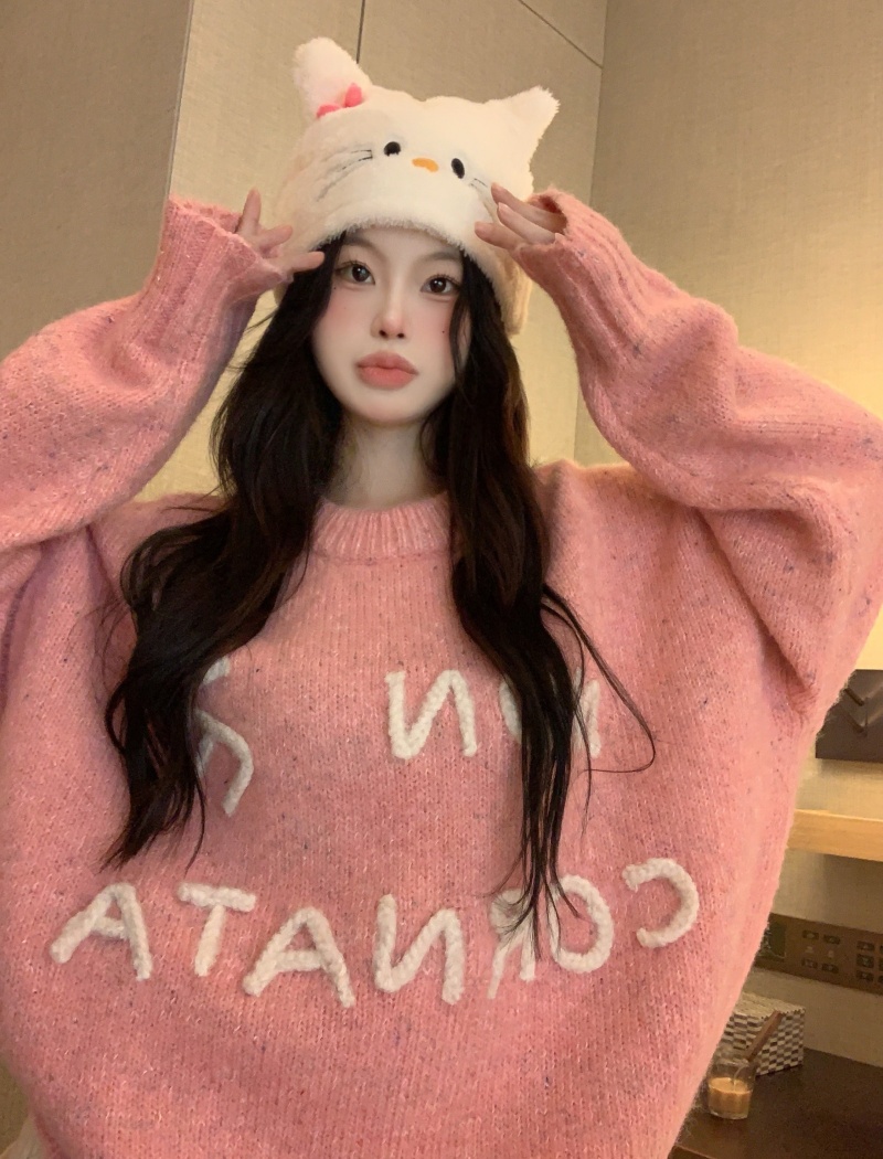 Knitted loose lazy pullover long sleeve pink sweater