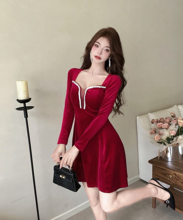 Cover belly temperament pinched waist overalls velvet dress