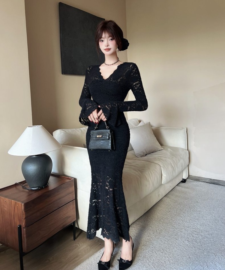 Package hip France style V-neck niche crochet long dress