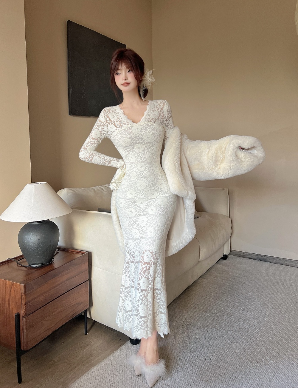 Package hip France style V-neck niche crochet long dress